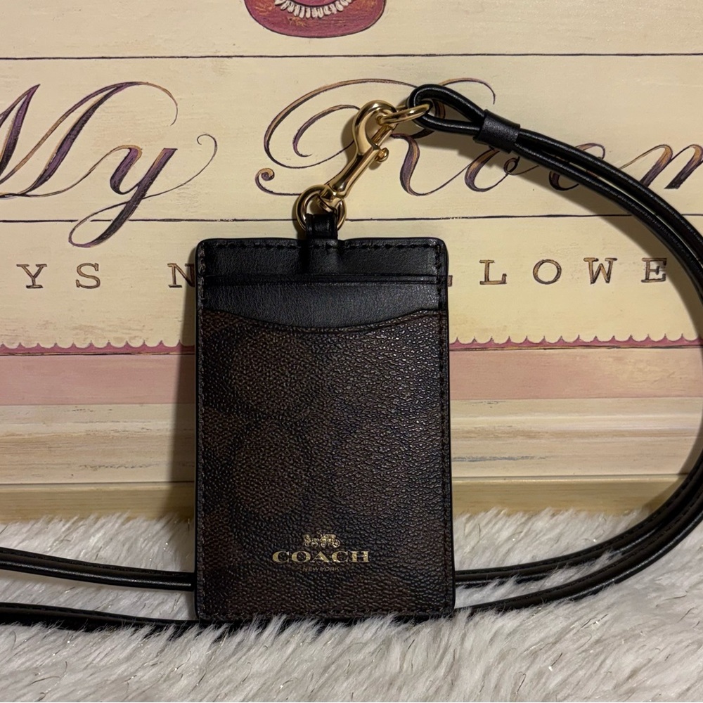 Coach Brown and Black Signature Card Lanyard Holder